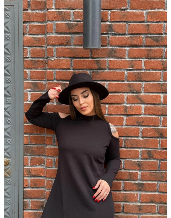 Kadın Balıkçı Yaka Omuzlardan Açık Uzun Kollu Janjan Krep Elbise