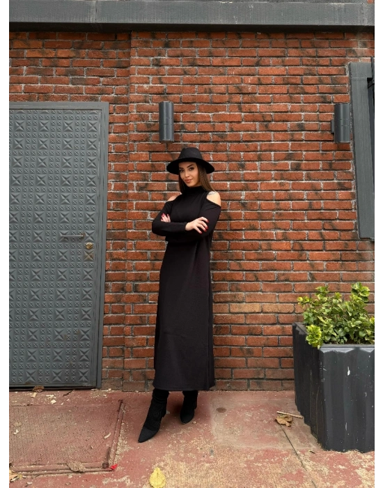 Kadın Balıkçı Yaka Omuzlardan Açık Uzun Kollu Janjan Krep Elbise