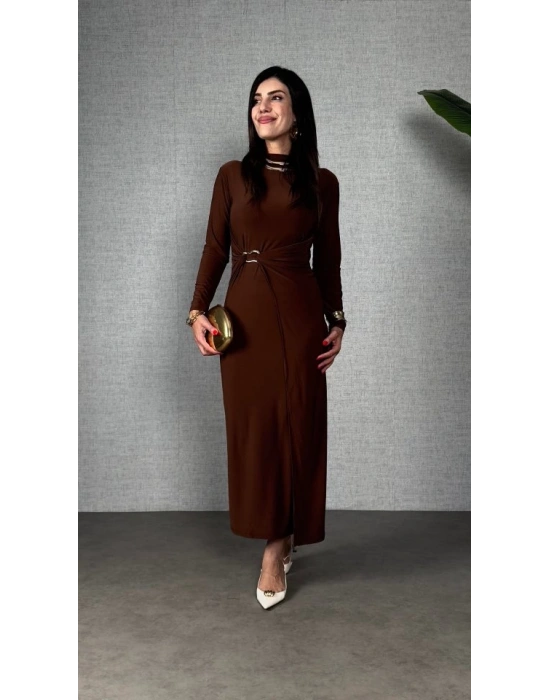 Kadın Balıkçı Yaka Toka Detay Sandy Kumaş idi Boy Elbise