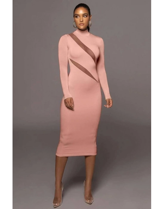 Kadın Balıkçı Yaka Uzun Kollu Asimetrik Tül Dekolteli Dırsat ürün Midi Boy Elbise