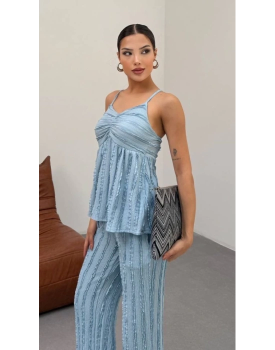 Kadın Bebe avisi Dokulu Askılı Üst Ve Bol Paça Pantolon 2’li Takım