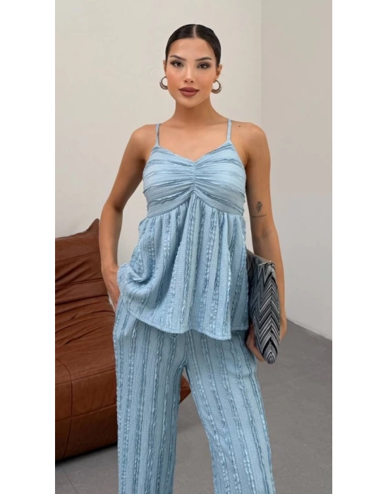 Kadın Bebe avisi Dokulu Askılı Üst Ve Bol Paça Pantolon 2’li Takım