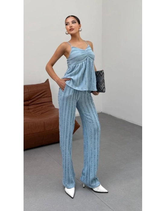 Kadın Bebe avisi Dokulu Askılı Üst Ve Bol Paça Pantolon 2’li Takım