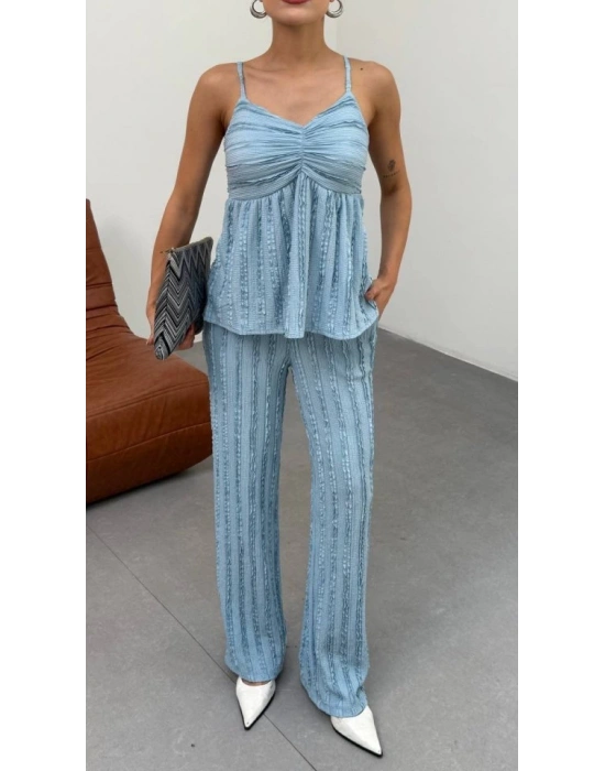 Kadın Bebe avisi Dokulu Askılı Üst Ve Bol Paça Pantolon 2’li Takım