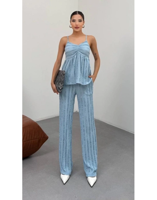 Kadın Bebe avisi Dokulu Askılı Üst Ve Bol Paça Pantolon 2’li Takım