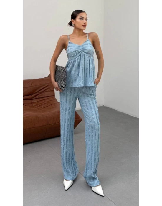 Kadın Bebe avisi Dokulu Askılı Üst Ve Bol Paça Pantolon 2’li Takım
