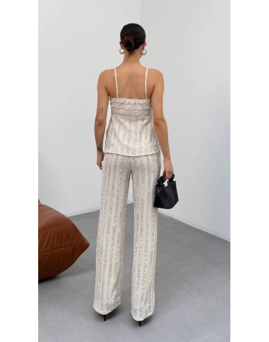 Kadın Bej Dokulu Askılı Üst Ve Bol Paça Pantolon 2’li Takım