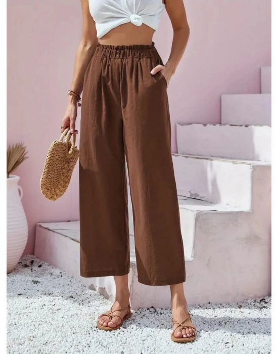 Kadın Bel Büzgü Ve Düğme Detay Kapri Keten Pantolon