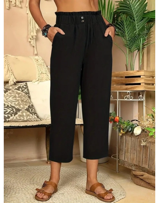 Kadın Bel Büzgü Ve Düğme Detay Kapri Keten Pantolon