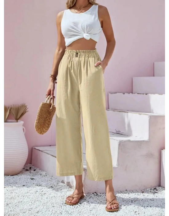 Kadın Bel Büzgü Ve Düğme Detay Kısa Geniş Paça Keten Pantolon