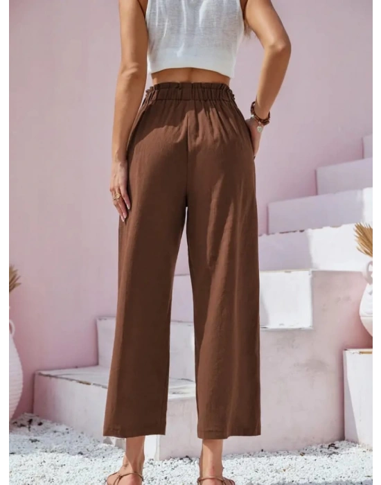 Kadın Bel Büzgü Ve Düğme Detay Kısa Geniş Paça Keten Pantolon
