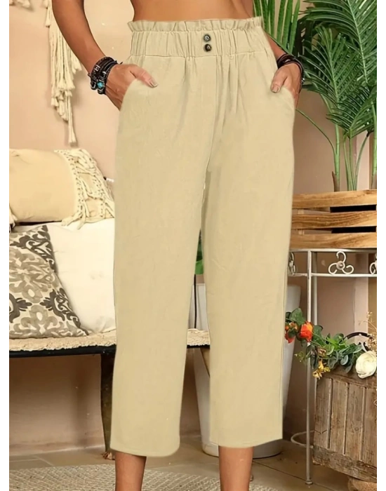 Kadın Bel Büzgü Ve Düğme Detay Kısa Geniş Paça Keten Pantolon