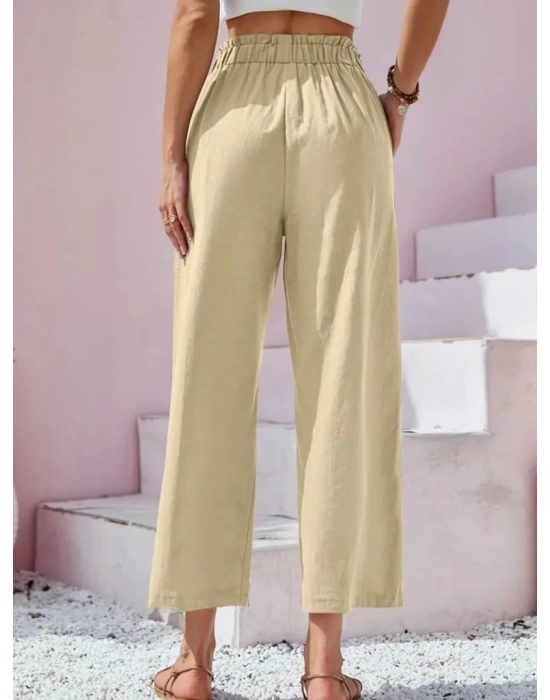 Kadın Bel Büzgü Ve Düğme Detay Kısa Geniş Paça Keten Pantolon