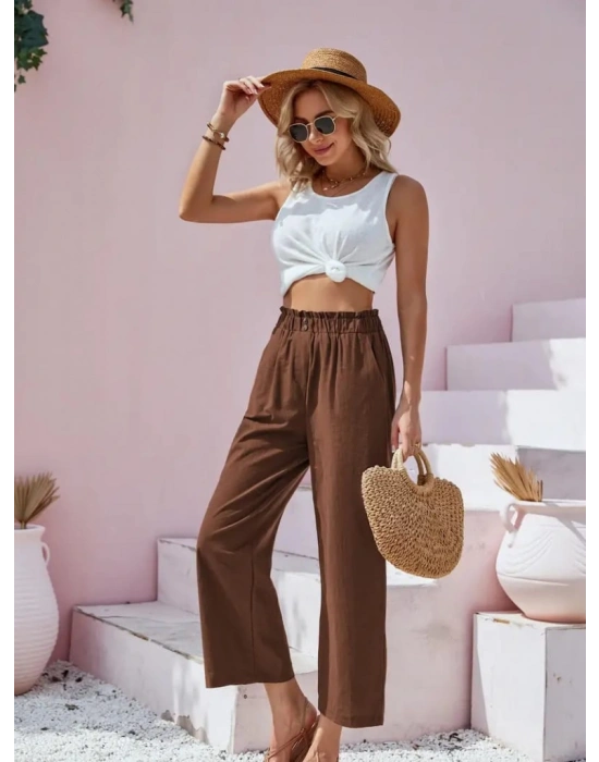 Kadın Bel Büzgü Ve Düğme Detay Kısa Geniş Paça Keten Pantolon