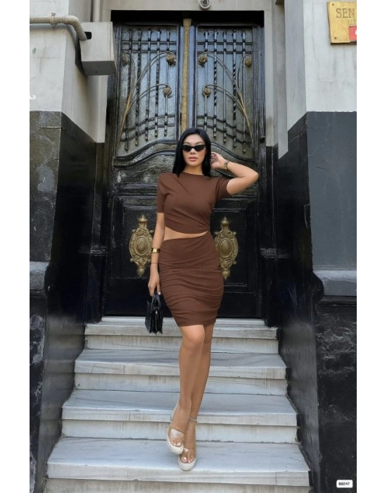 Kadın Bel Dekolteli Yanı Büzgü Detay Dalgıç Krep Kumaş ini Elbise