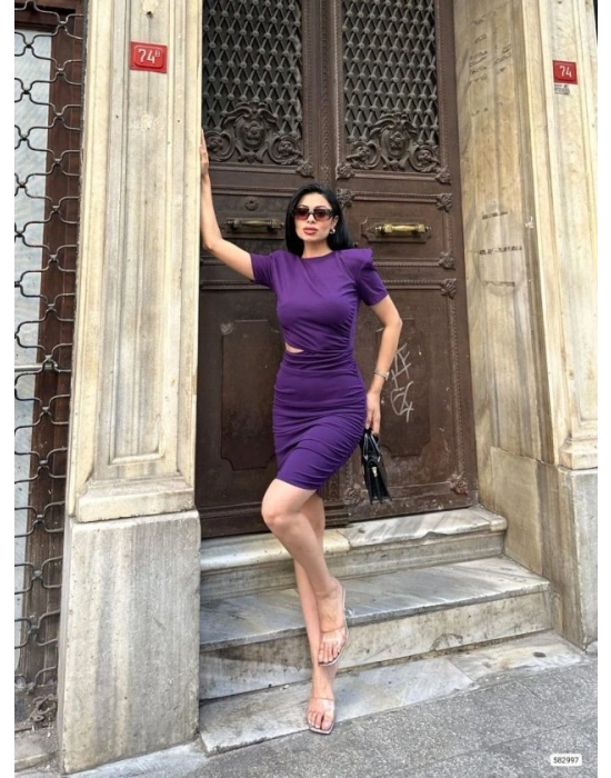 Kadın Bel Dekolteli Yanı Büzgü Detay Dalgıç Krep Kumaş ini Elbise