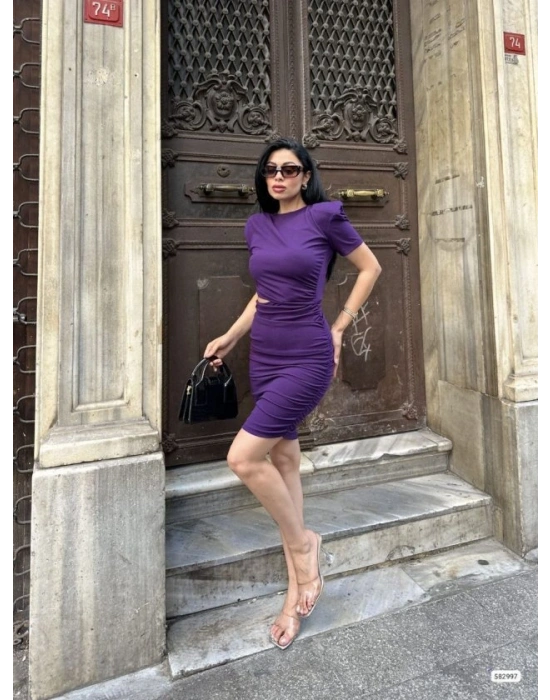 Kadın Bel Dekolteli Yanı Büzgü Detay Dalgıç Krep Kumaş ini Elbise