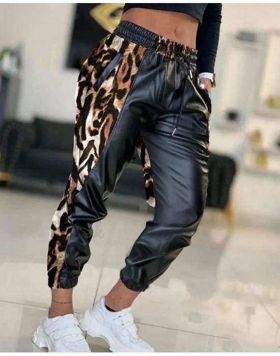 Kadın Bel Ve Paça Lastikli Detay Yanları Leopar Detay Bağcıklı Deri Pantolon