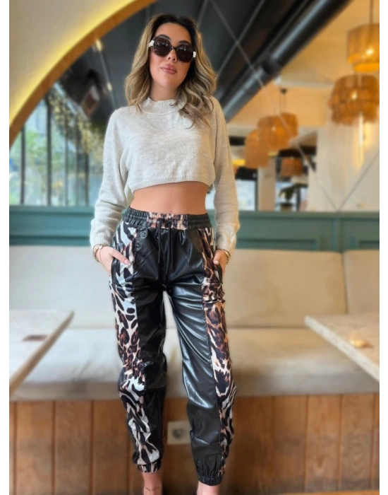 Kadın Bel Ve Paça Lastikli Detay Yanları Leopar Detay Bağcıklı Deri Pantolon