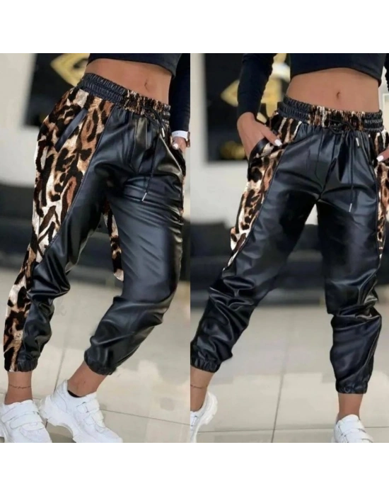 Kadın Bel Ve Paça Lastikli Detay Yanları Leopar Detay Bağcıklı Deri Pantolon