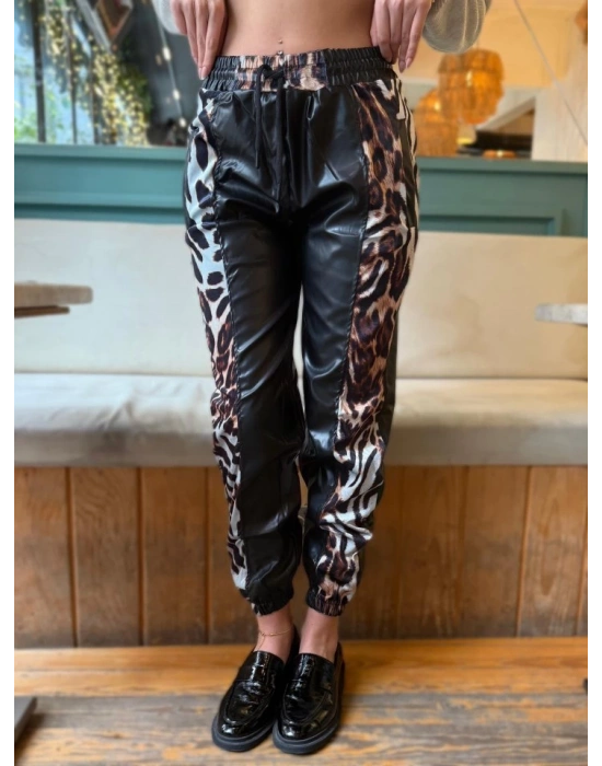 Kadın Bel Ve Paça Lastikli Detay Yanları Leopar Detay Bağcıklı Deri Pantolon