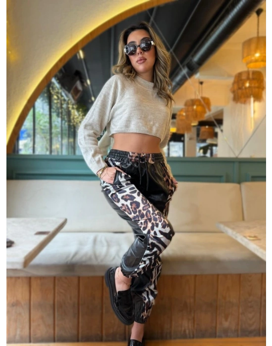 Kadın Bel Ve Paça Lastikli Detay Yanları Leopar Detay Bağcıklı Deri Pantolon