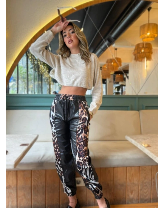 Kadın Bel Ve Paça Lastikli Detay Yanları Leopar Detay Bağcıklı Deri Pantolon