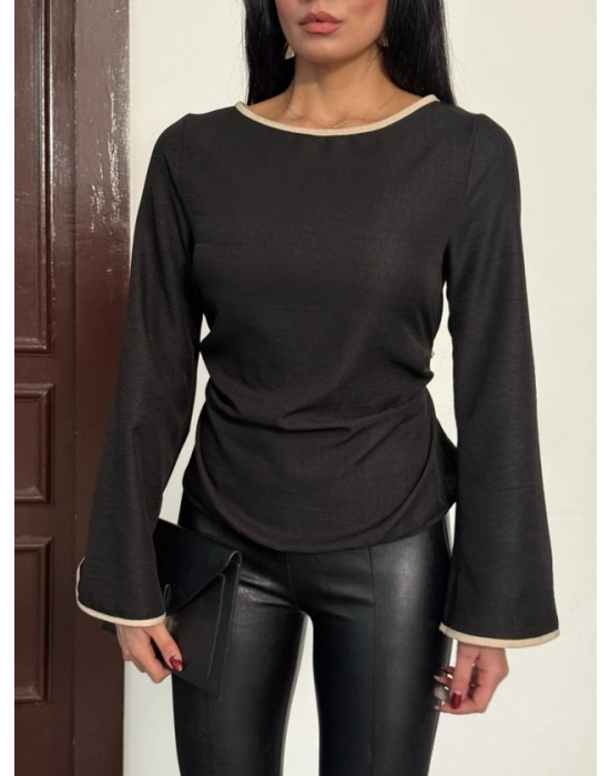 Kadın Belde Bağcık Detaylı Keten Bluz