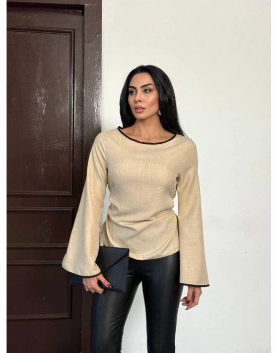 Kadın Belde Bağcık Detaylı Keten Bluz