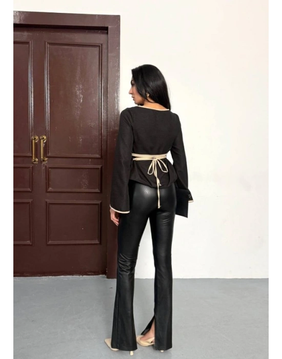 Kadın Belde Bağcık Detaylı Keten Bluz