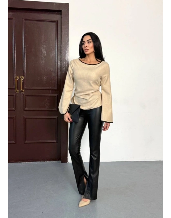 Kadın Belde Bağcık Detaylı Keten Bluz