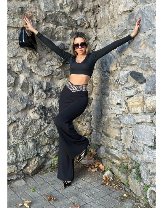 Kadın Belde Kruvaze Ve Ribana Detay Ispanyol Paça Ithal Krep Pantolon