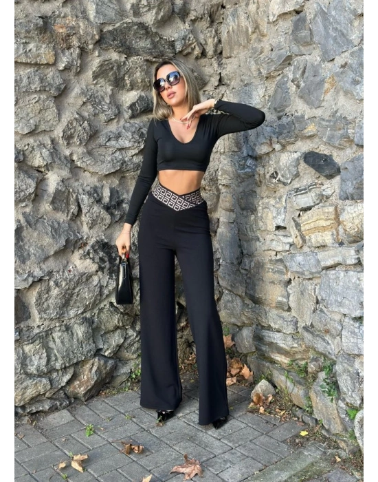 Kadın Belde Kruvaze Ve Ribana Detay Ispanyol Paça Ithal Krep Pantolon