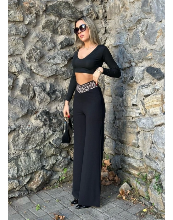 Kadın Belde Kruvaze Ve Ribana Detay Ispanyol Paça Ithal Krep Pantolon