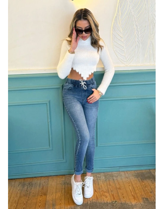 Kadın Belden Bağlamalı Cepli Yüksek Bel Kot Pantolon