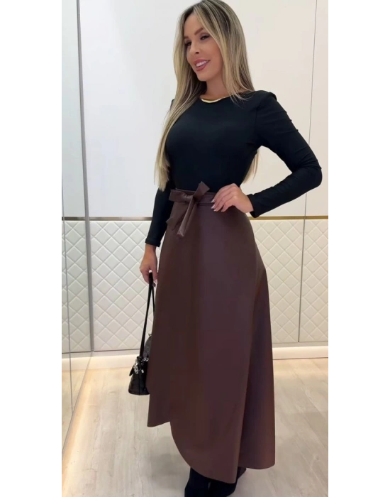 Kadın Belden Kuşaklı Uzun Deri Etek