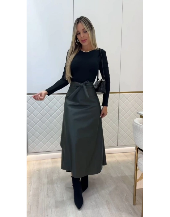 Kadın Belden Kuşaklı Uzun Deri Etek