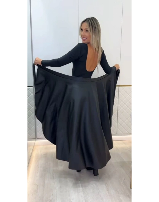 Kadın Belden Kuşaklı Uzun Deri Etek