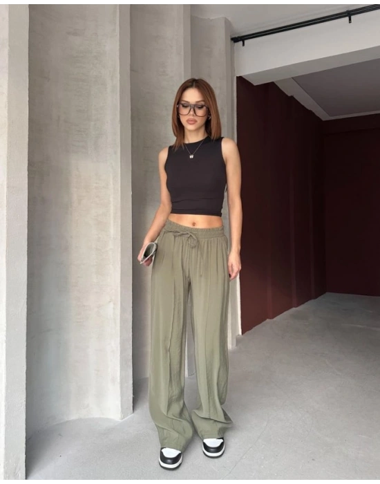 Kadın Beli astikli çımalı Tensel Kumaş Ispanyol Paça Pantolon