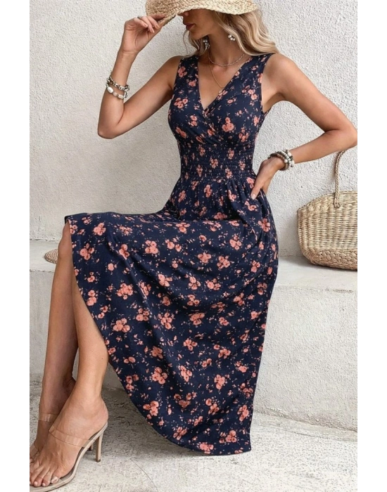 Kadın Beli Gipeli Etnik Desen Sıfır Kol Süprem Elbise