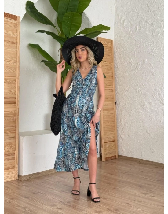 Kadın Beli Gipeli Etnik Desen Sıfır Kol Süprem Elbise