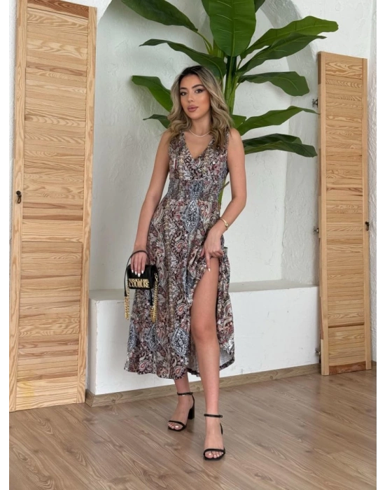 Kadın Beli Gipeli Etnik Desen Sıfır Kol Süprem Elbise