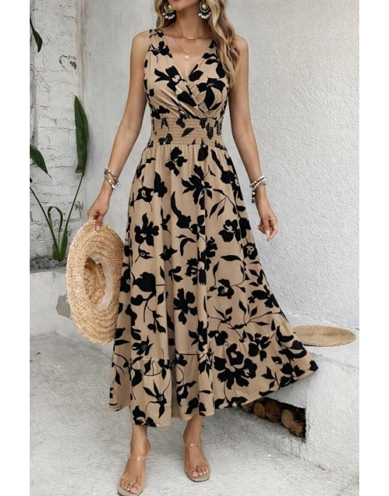 Kadın Beli Gipeli Etnik Desen Sıfır Kol Süprem Elbise