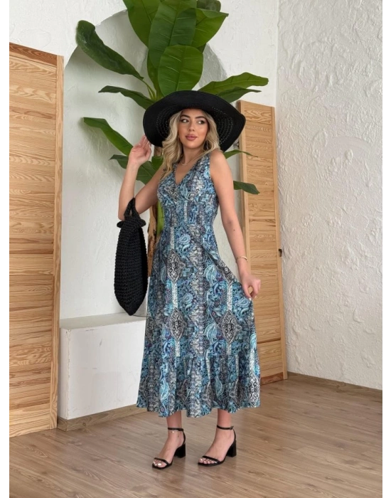 Kadın Beli Gipeli Etnik Desen Sıfır Kol Süprem Elbise