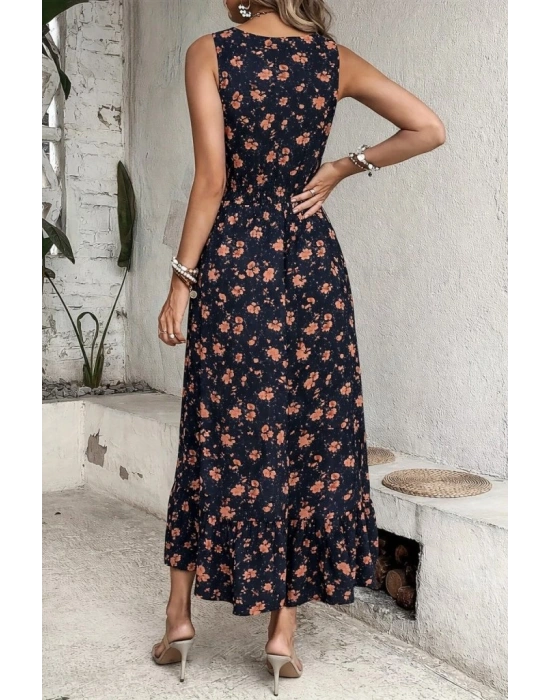 Kadın Beli Gipeli Etnik Desen Sıfır Kol Süprem Elbise