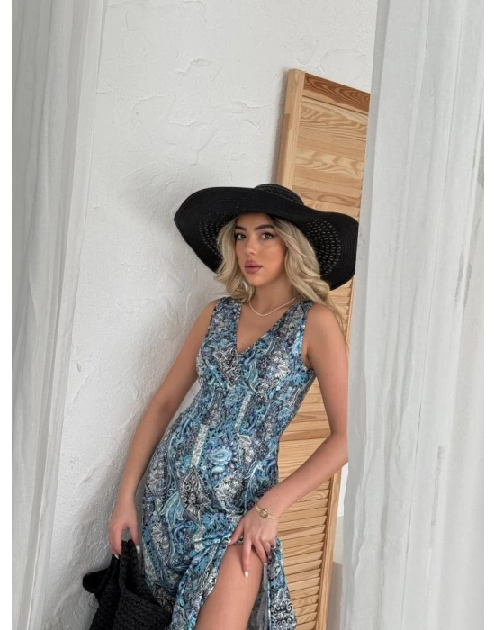 Kadın Beli Gipeli Etnik Desen Sıfır Kol Süprem Elbise