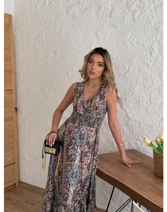 Kadın Beli Gipeli Etnik Desen Sıfır Kol Süprem Elbise