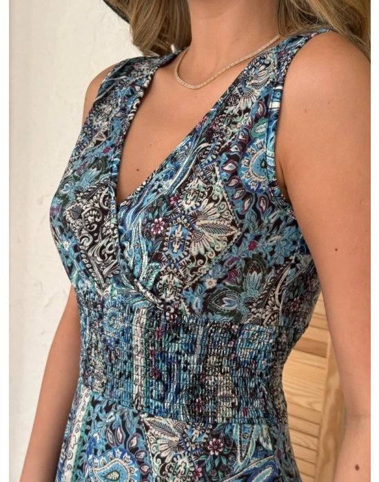 Kadın Beli Gipeli Etnik Desen Sıfır Kol Süprem Elbise