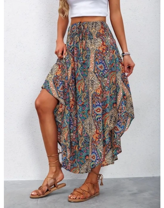 Kadın Beli Lastikli Bağcıklı Asimetrik Kesim Detaylı Desenli Bürümcük Etek