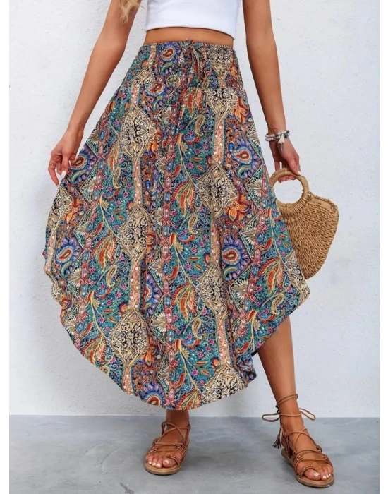 Kadın Beli Lastikli Bağcıklı Asimetrik Kesim Detaylı Desenli Bürümcük Etek